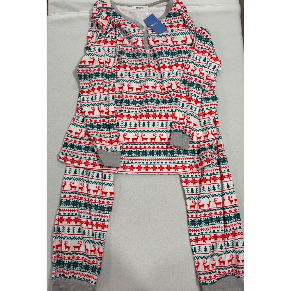 Baozhu Women Christmas Pajama Set XL Red Green Reindeer Fair Isle Holiday NWT